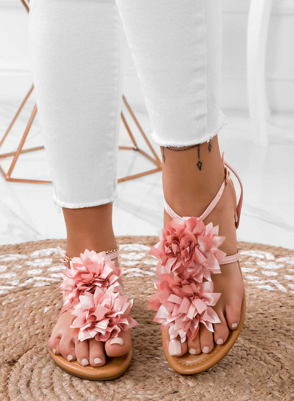 CONNIE - Sandales tongs roses en satin avec fleur appliquée