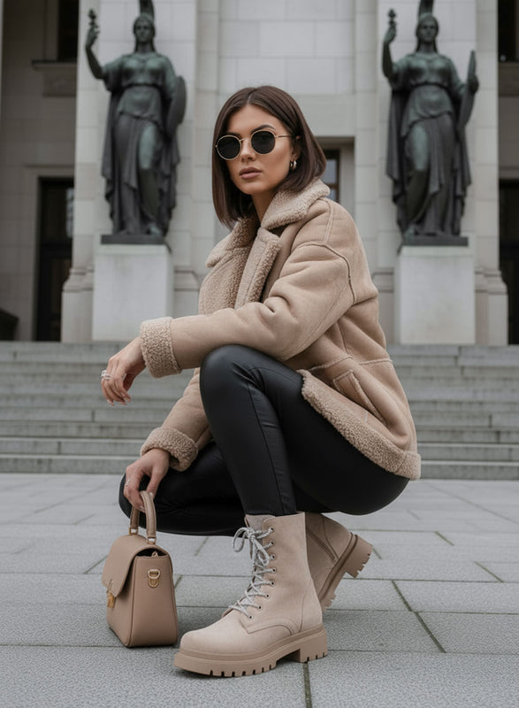 MOIRA - Bottines style militaire Alexoo beiges avec lacets et languette bijou