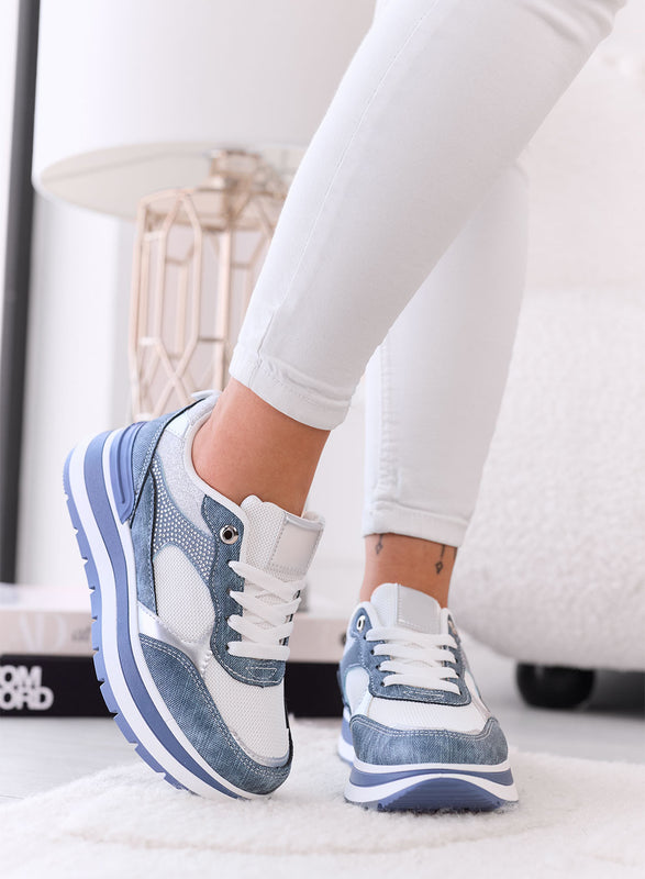ALBA - Blue Denim Sneakers with Rhinestones and Platform Sole