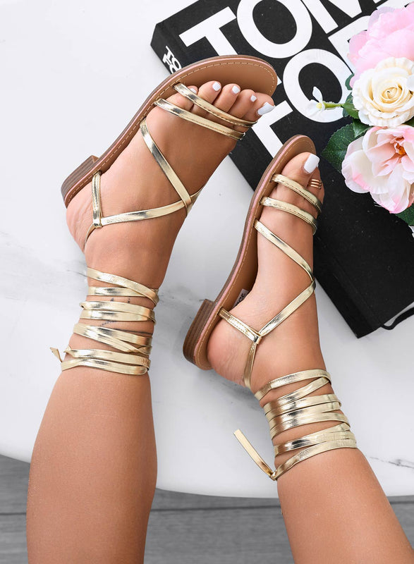 Gold lace-up flat sandals