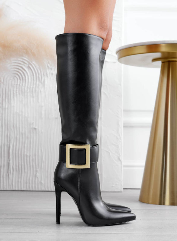 Bottes noires avec boucle dorée et talon aiguille haut