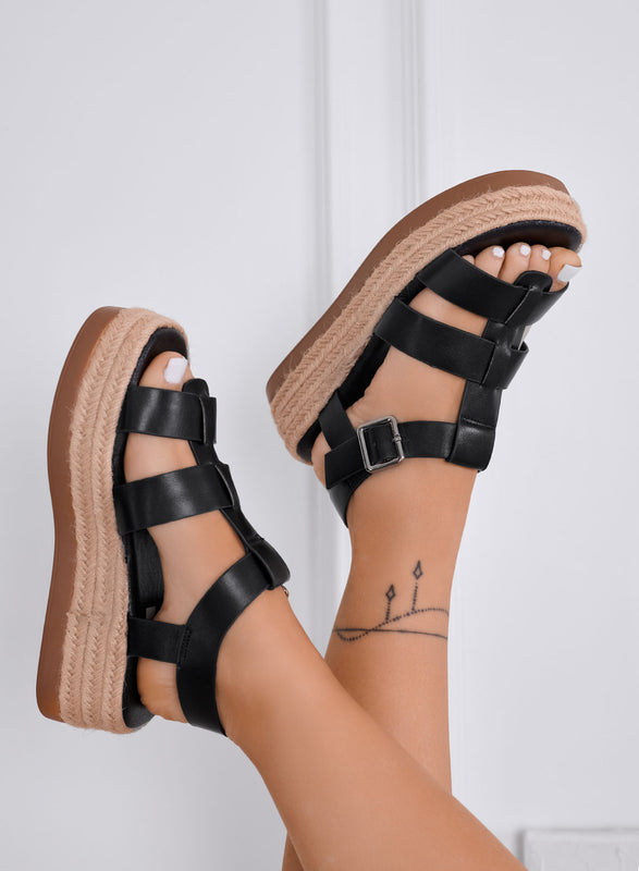 SHELLY - Sandales noirs à plateforme avec larges brides et semelle en corde