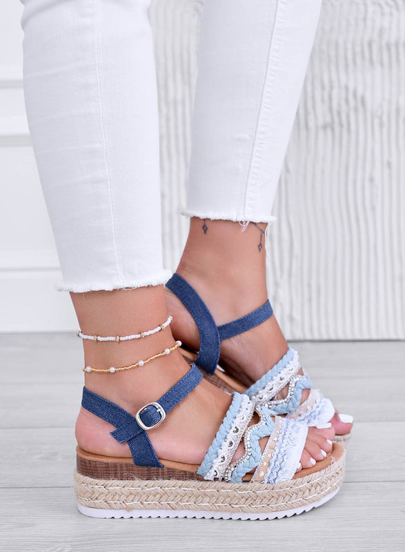 OLIVER - Sandales espadrilles en jean bleu à semelle compensée et strass