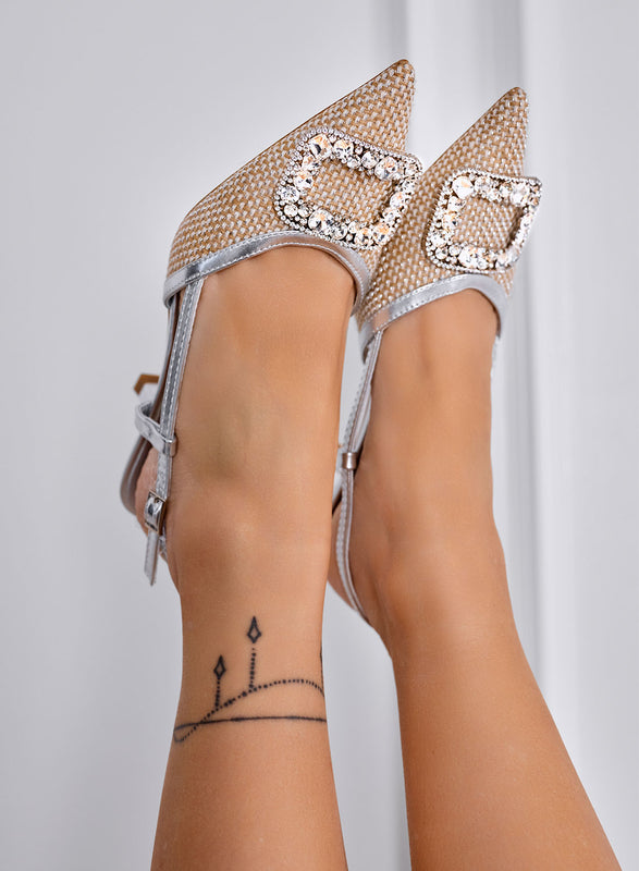 FABY - Escarpins beiges slingback à bout pointu et boucle bijou