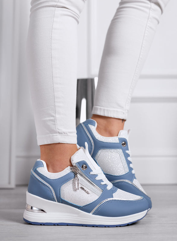 GEMMA - Blue Sneakers with Side Zip and Mesh Inserts