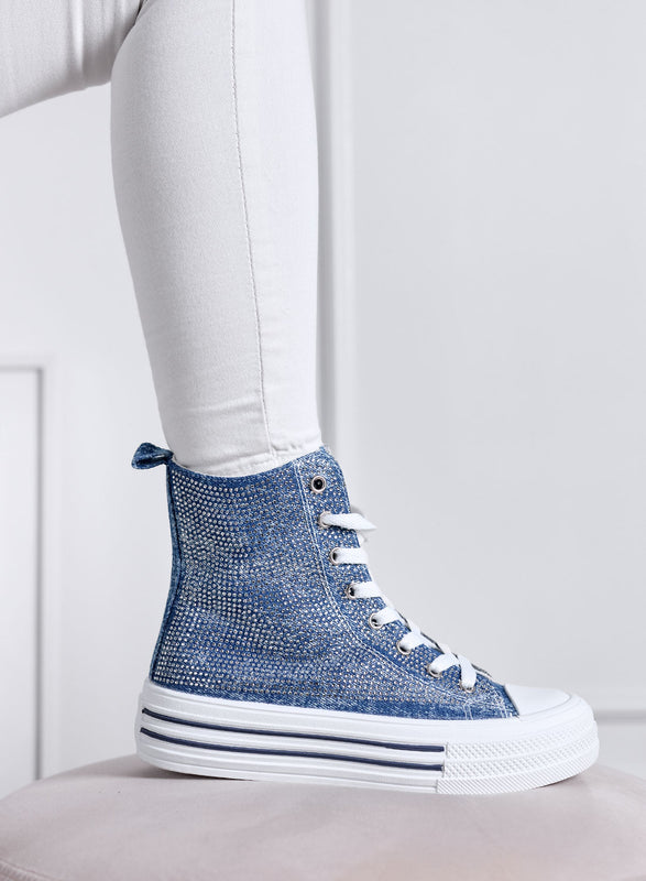 ROSALIA - Zapatillas Altas Azul Vaquero con Strass y Suela Plataforma
