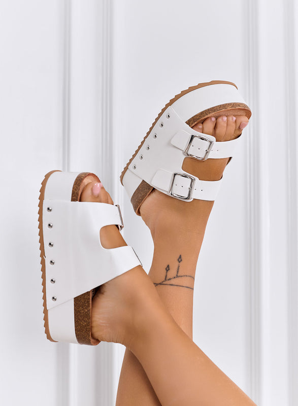 ORTENSIA - Sandales mules blanches à plateforme avec double boucle et semelle en liège