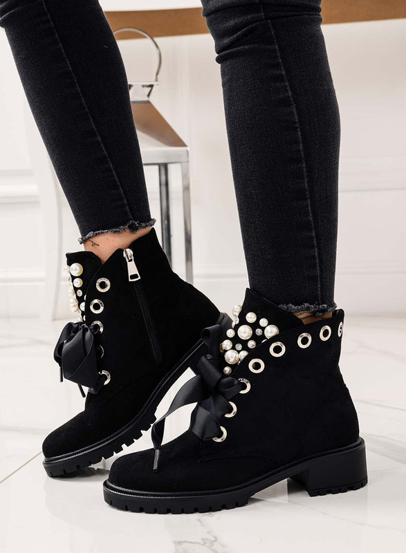LEANNA - Low boots avec perles et pierres Daim noir