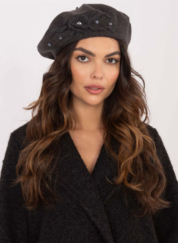 Gray beret hat with rhinestones