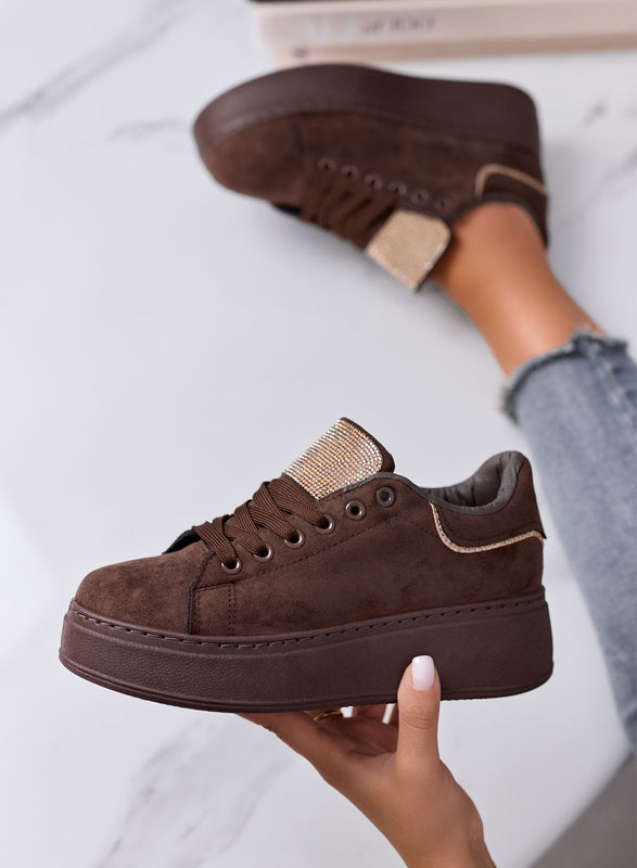 TOSCA - Sneakers Marroni in Camoscio con Linguetta in Strass oro