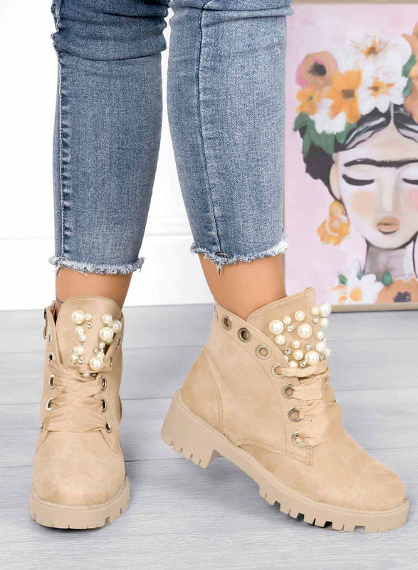 LEANNA - Bottes Alexoo basses beiges avec perles et pierres