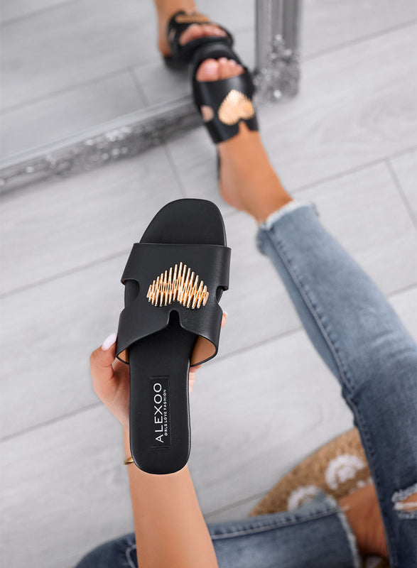IGGY - Chaussons sandales noirs application coeur doré