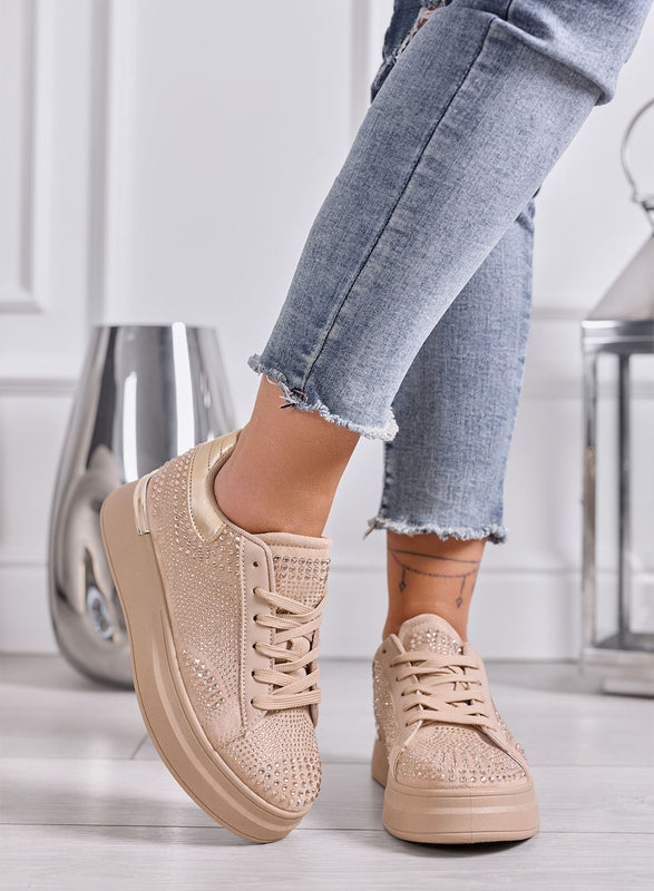 ORNELLA - Sneakers Donna Beige con Strass e Suola Platform