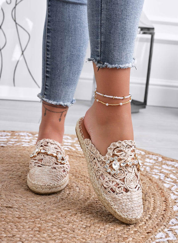 ROSALIA - Espadrilles sabot beige brodées application bijou