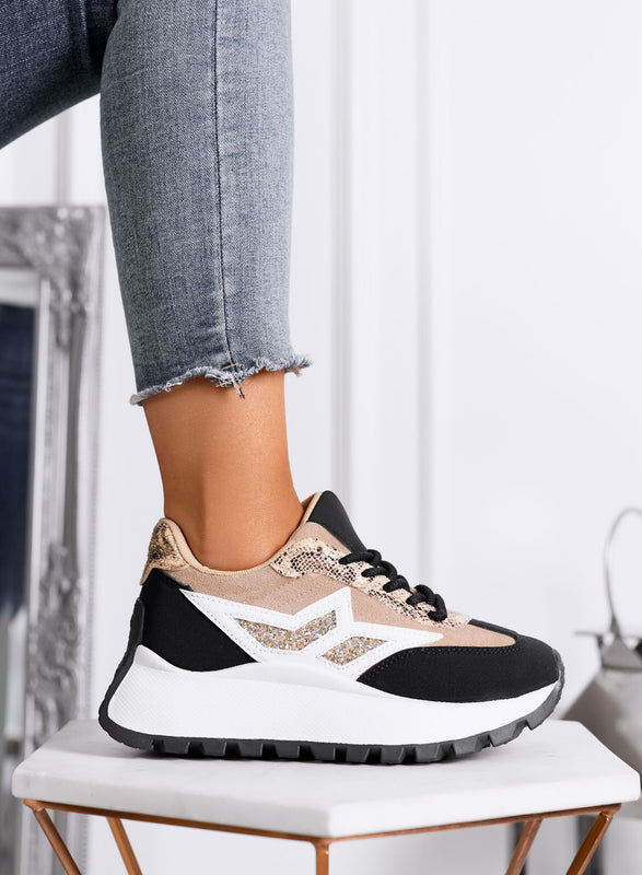 CLARISSA - Baskets beige et noires avec détail pailleté et semelle épaisse