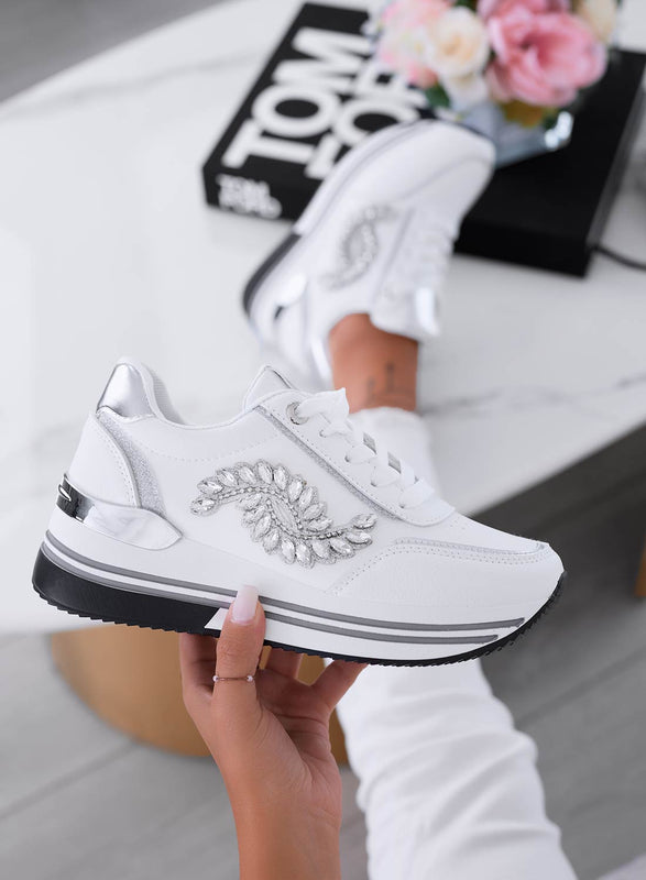 White sneakers with silver jewel embellishment