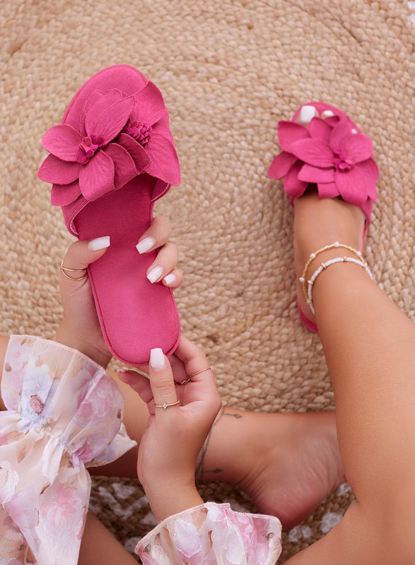 MELODY - Chaussons sandales fuchsia à fleur appliquée