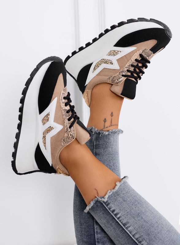 CLARISSA - Baskets beige et noires avec détail pailleté et semelle épaisse