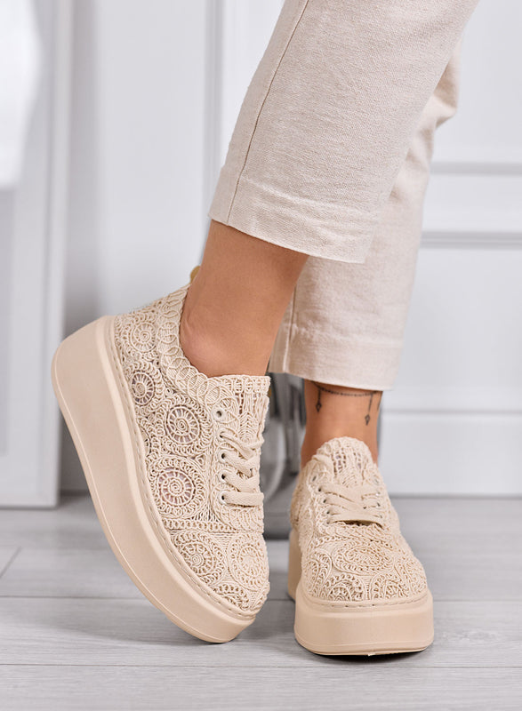 VALERIA - Sneakers platform beige in pizzo con suola alta