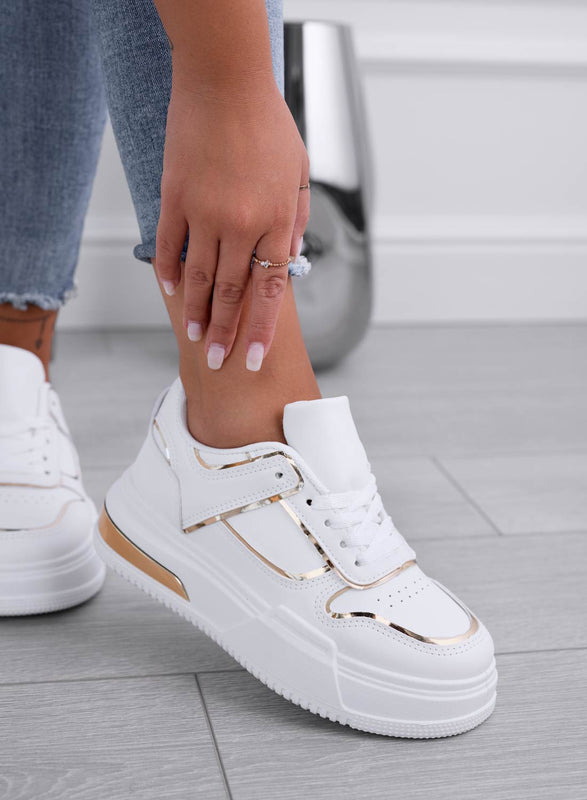 ROBBIE - Zapatillas blancas con cordones y bordes dorados