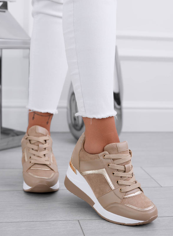 BARAN - Baskets couleur boue avec empiècements en tissu et semelle compensée