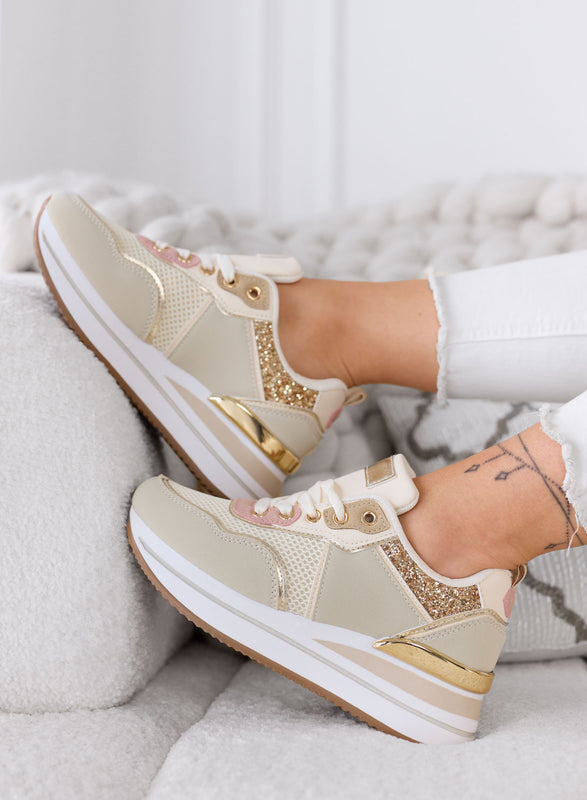 VALDA - Beige sneakers with gold glitter inserts