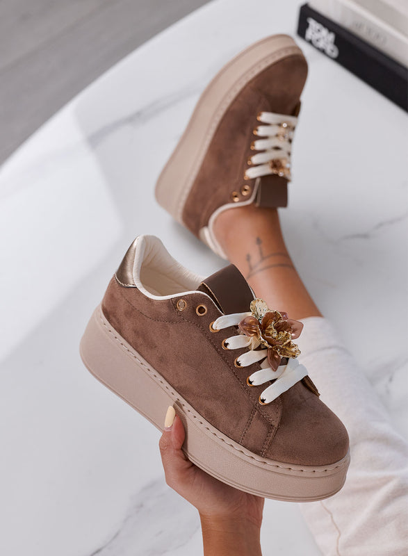 GWENDA - Sneakers Donna marrone con Fiore Gioiello e Suola Platform