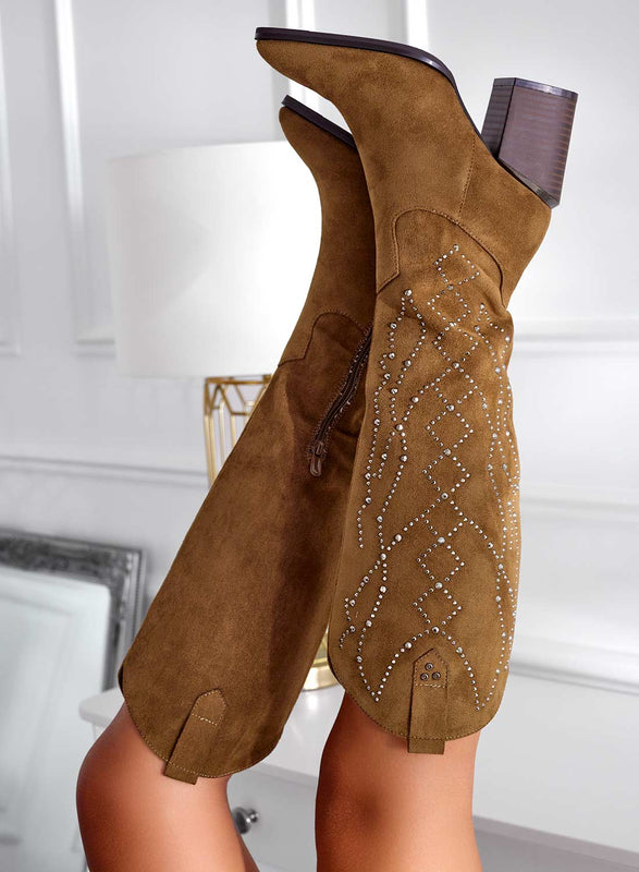 VERONICA - Brown suede boots with rhinestones