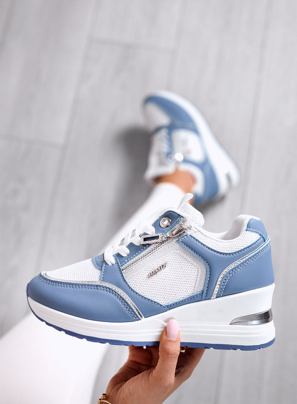 GEMMA - Blue Sneakers with Side Zip and Mesh Inserts