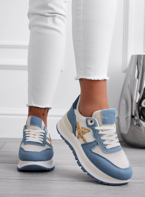 TYLER - Baskets en jean bleu avec empiècements pailletés dorés