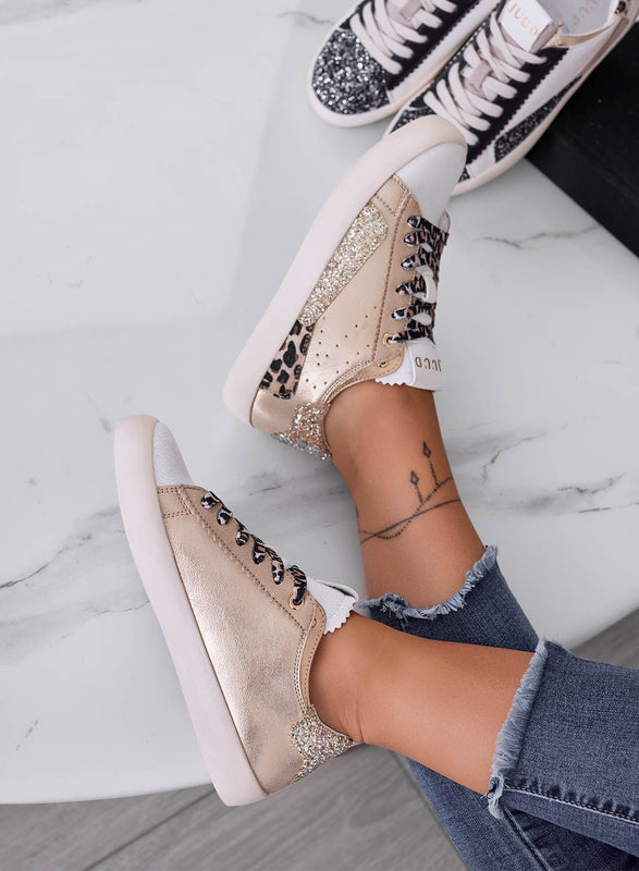 OSCAR - Baskets dorées avec empiècements léopard et paillettes