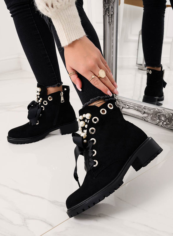 LEANNA - Low boots avec perles et pierres Daim noir
