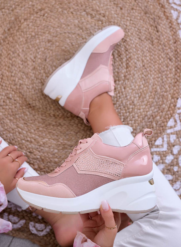 XENIA - Baskets roses à semelle compensée et strass