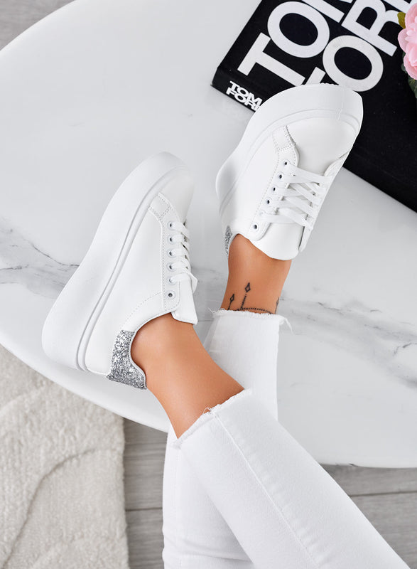 MALVIN - Baskets blanches avec talon pailleté argenté