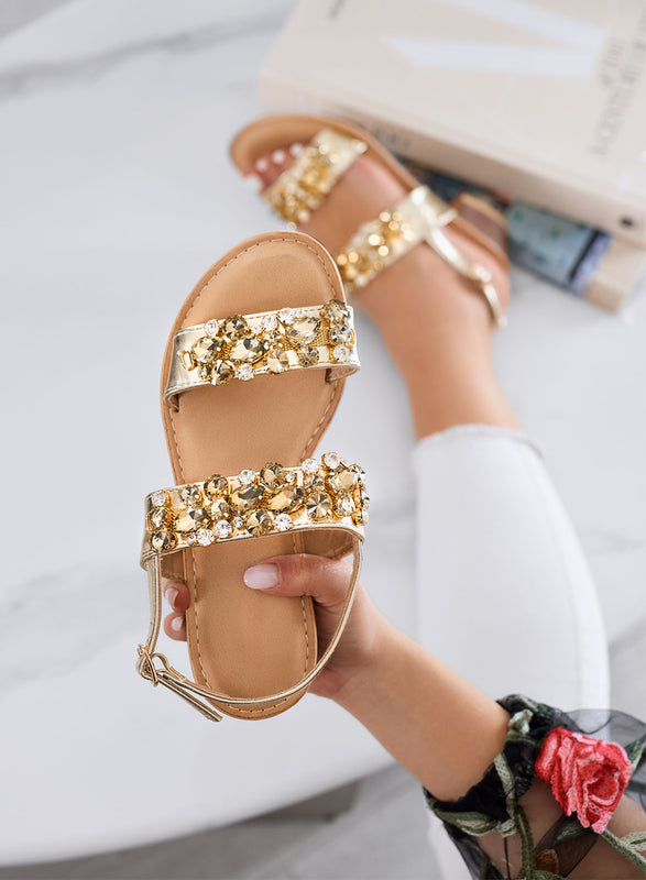 VITTORIA - Sandali oro gioiello con tacco basso e strass