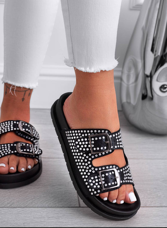 GASPER - Sandales mules noirs avec boucles et strass