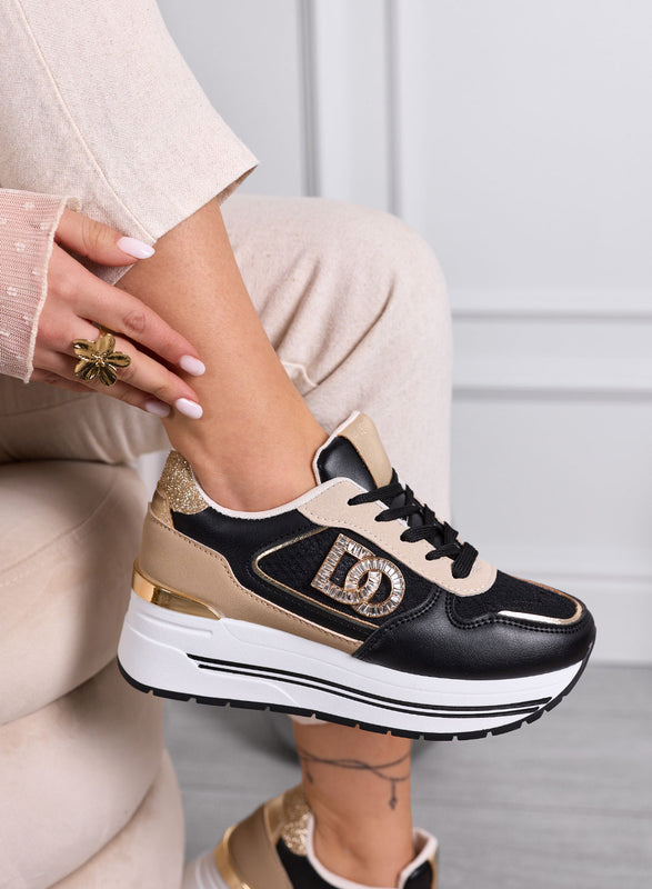 ESTER - Baskets noires à plateforme avec détails dorés et logo bijou