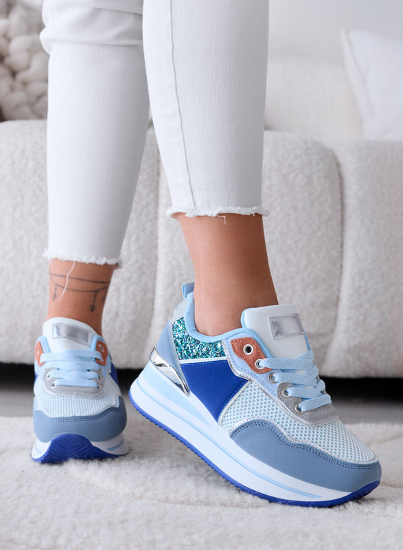 VALDA - Blue sneakers with thick sole and glitter inserts