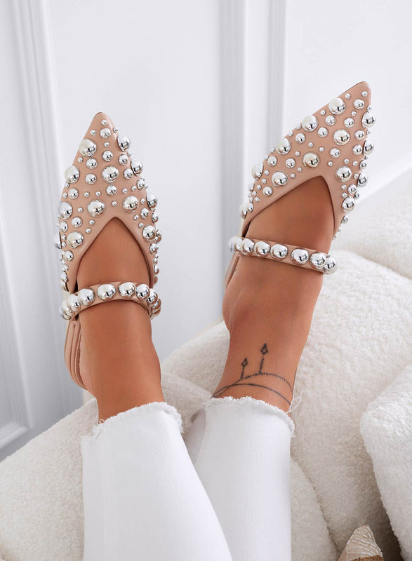 WILDA - Beige pointed-toe mule ballerinas with sphere studs