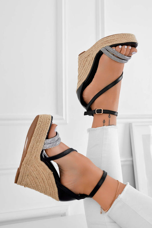 DEEP - Sandales espadrilles à semelles compensées noires et bandes bijoux