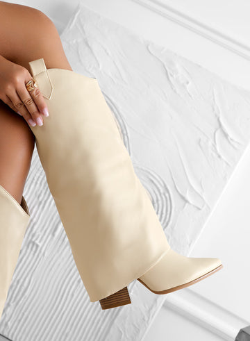 DILETTA - Bottes Camperos beiges avec revers et talon haut