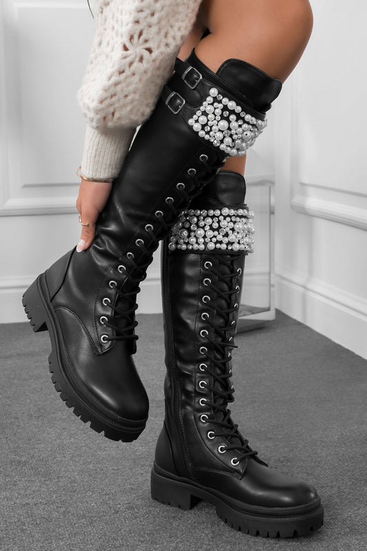 ASMIRA - Bottes amphibies noires avec perles et strass