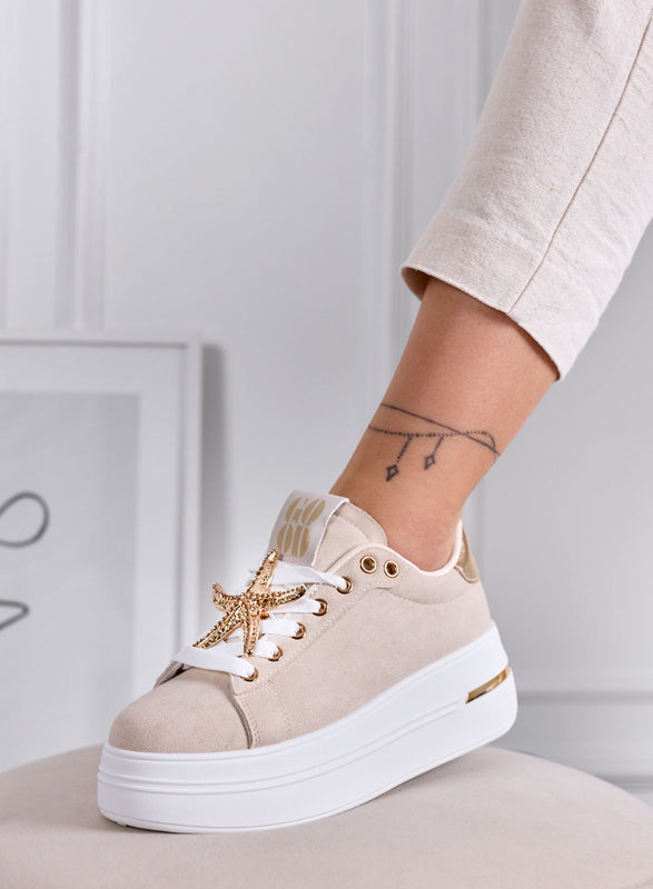 PAMELA - Sneakers beige Platform con Dettagli Gioiello stelle
