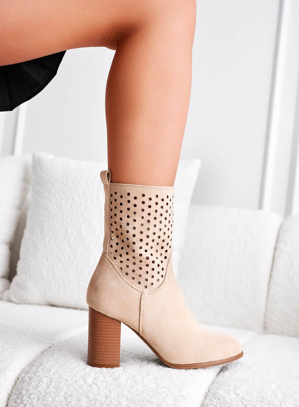 MAYBE - Beige perforated ankle boots with high faux wood heel