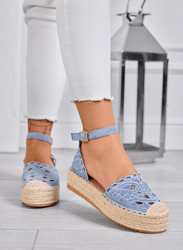 CRISTY - Blue embroidered espadrilles with ankle strap and rope platform sole