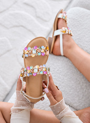 DIAMOND - Sandales blancs plats avec pierres multicolores et bride