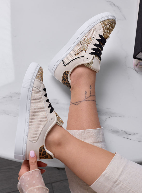 ANNALISA - Zapatillas bajas beige con purpurina dorada y parte trasera animal print