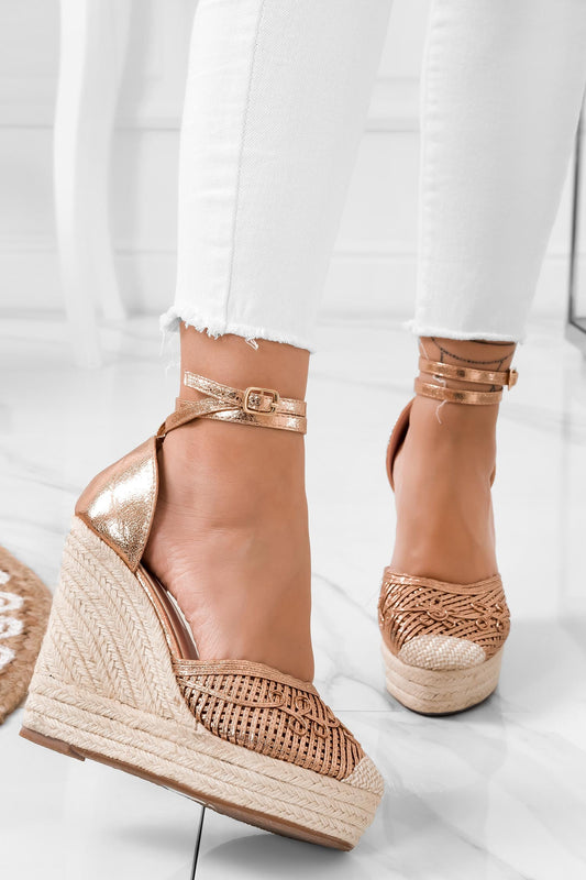 LORNA - Espadrilles oro rosa con zeppa in corda e ricamo