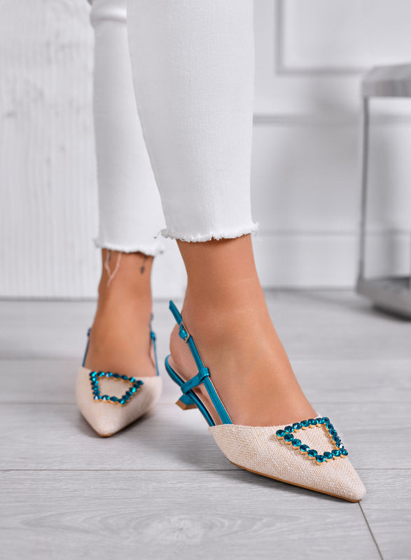 DARLEEN - Decolletè beige Slingback Eleganti a Punta con Fibbia Gioiello azzurra