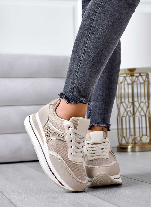 Baskets beiges avec empiècements pailletés